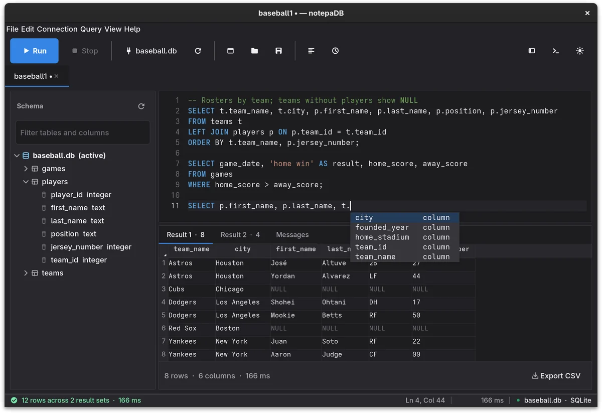 notepaDB on GNOME with the autocomplete list open after typing t. in the editor: city, founded_year, home_stadium, team_id and team_name, each labeled column. Dark theme.