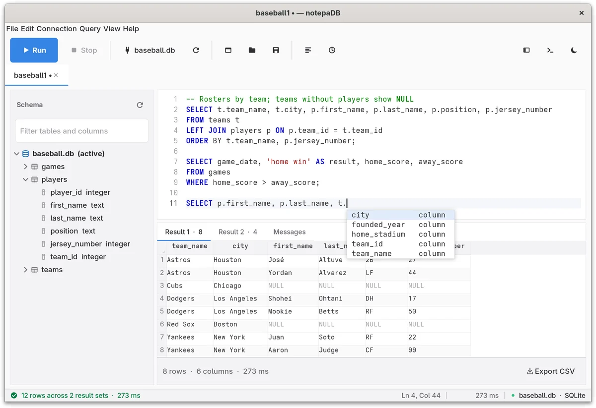 notepaDB on GNOME with the autocomplete list open after typing t. in the editor: city, founded_year, home_stadium, team_id and team_name, each labeled column.