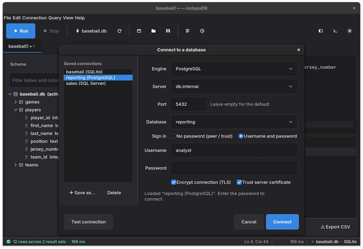The Connect to a database dialog. On the left, saved connections: baseball (SQLite), reporting (PostgreSQL) and sales (SQL Server). On the right, the PostgreSQL form with server db.internal, port 5432, database reporting and the username analyst. Dark theme.
