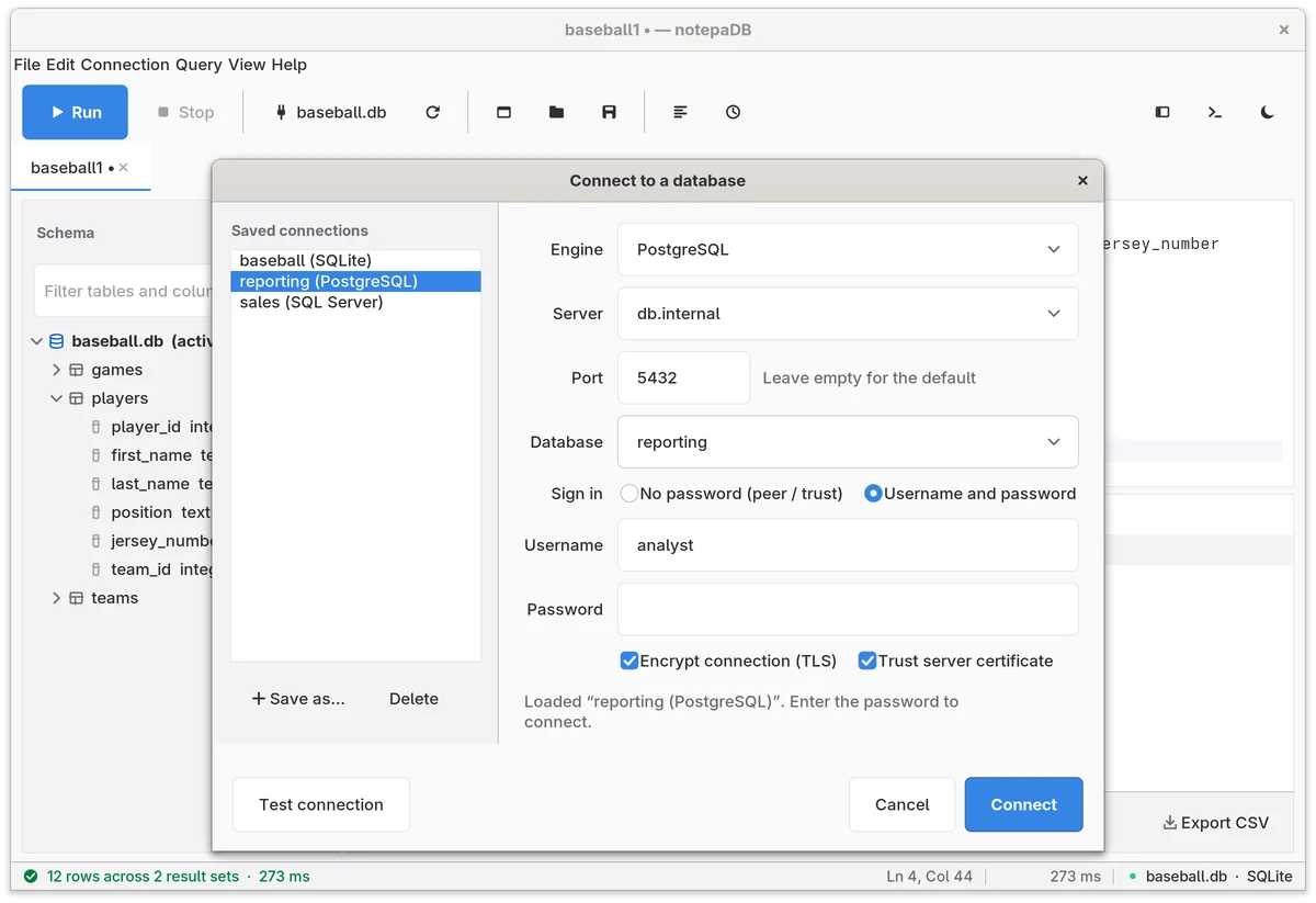 The Connect to a database dialog. On the left, saved connections: baseball (SQLite), reporting (PostgreSQL) and sales (SQL Server). On the right, the PostgreSQL form with server db.internal, port 5432, database reporting and the username analyst.