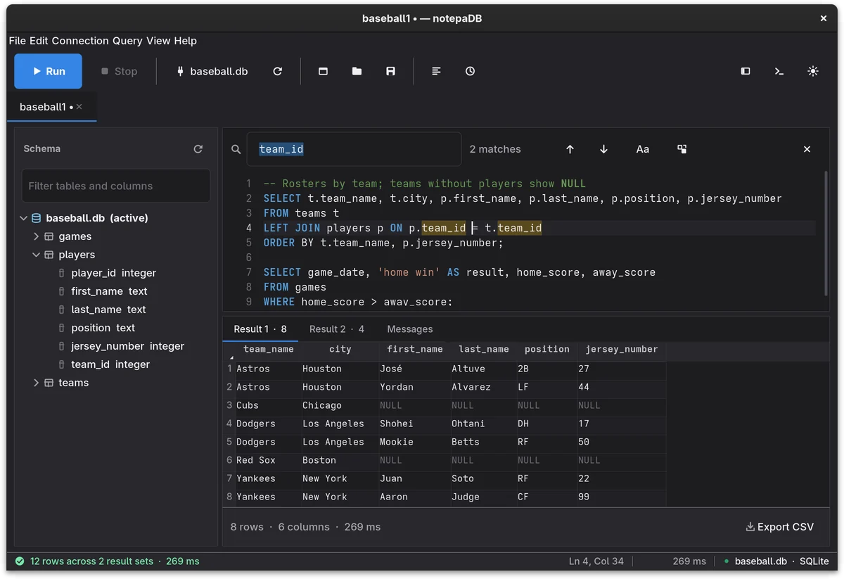 The inline find bar above the editor, searching for team_id with 2 matches highlighted in the query. Dark theme.