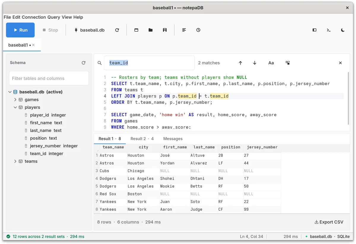 The inline find bar above the editor, searching for team_id with 2 matches highlighted in the query.