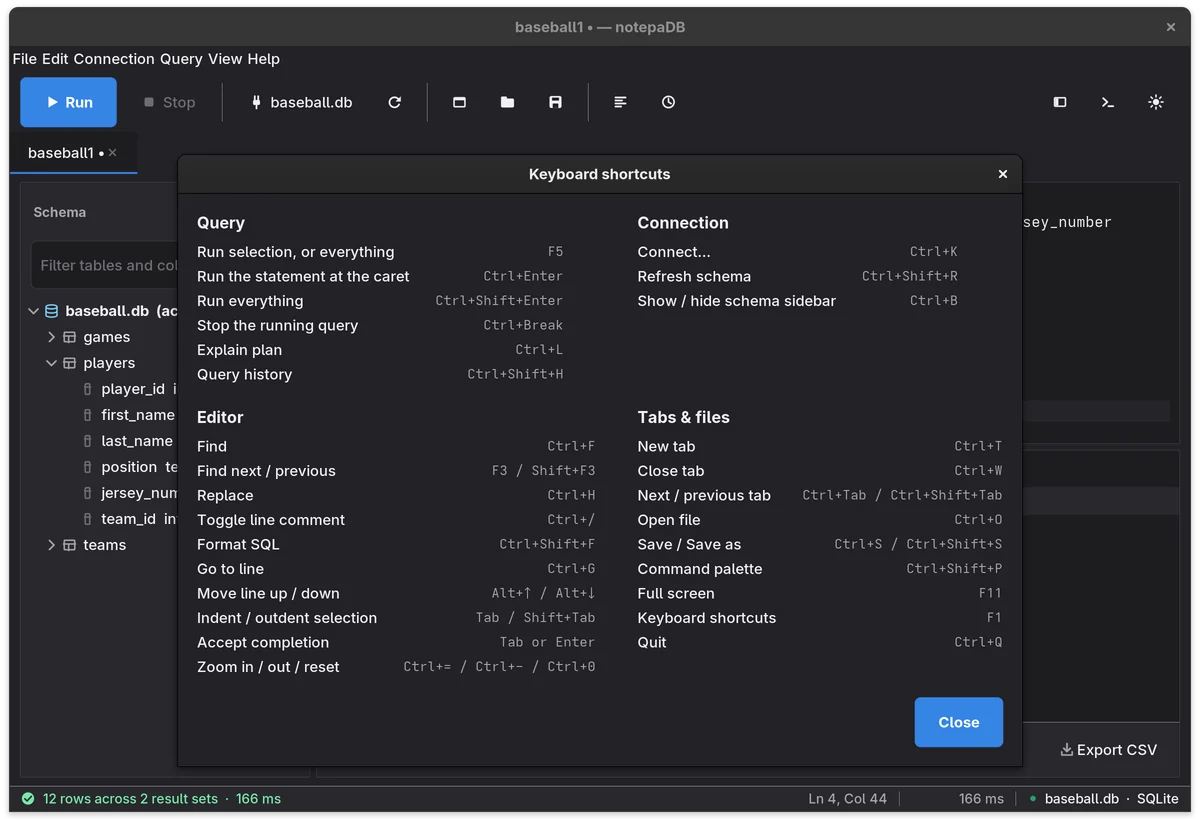 The Keyboard shortcuts dialog with four groups: Query, Connection, Editor, and Tabs and files. Dark theme.
