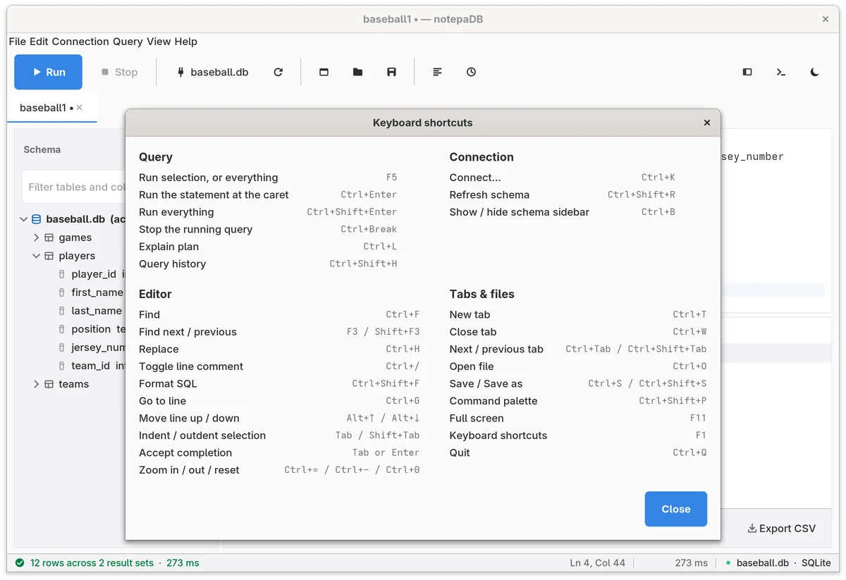 The Keyboard shortcuts dialog with four groups: Query, Connection, Editor, and Tabs and files.