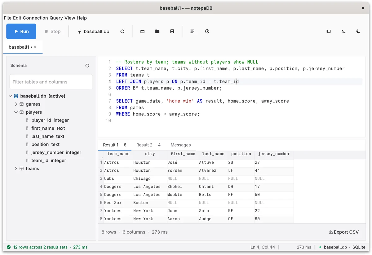 notepaDB on GNOME. The schema sidebar shows baseball.db with the players table expanded. The editor holds two queries; the first result tab lists 8 rows of teams and players, with NULL in gray for the Cubs and Red Sox, who have no players. The status bar reads 12 rows across 2 result sets.