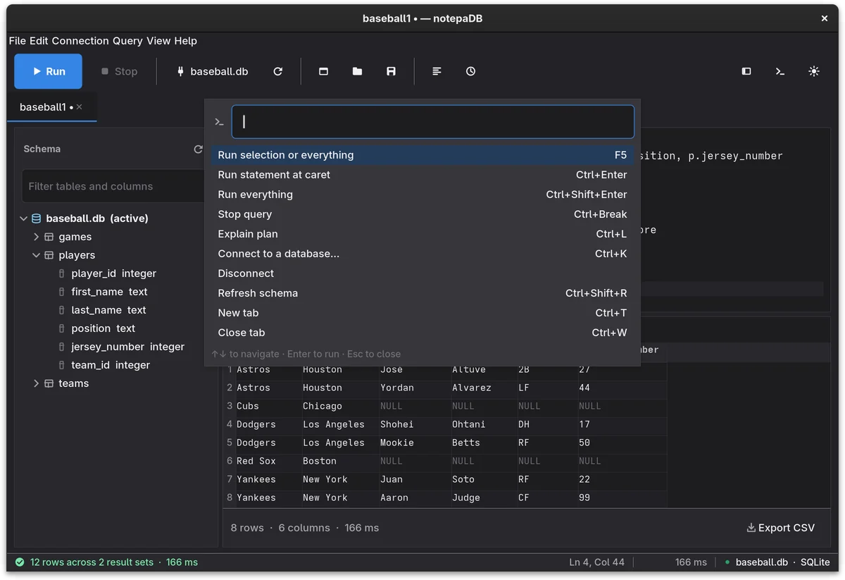 The command palette open over the notepaDB window: a search field reading Type a command or a table name, and commands such as Run selection or everything (F5) and Run statement at caret (Ctrl+Enter) with their shortcuts. Dark theme.